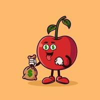 personnage mignon de fruit de cerise avec des yeux d'argent et tenant un sac d'argent. concept d'icône de caractère de fruits isolé. autocollant emoji. vecteur de style dessin animé plat