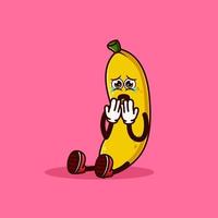 personnage de banane mignon assis et pleurant. concept d'icône de caractère de fruits isolé. vecteur premium de style dessin animé plat