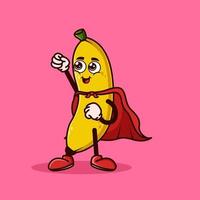 personnage mignon de banane avec un costume de super-héros et essayant de voler. concept d'icône de caractère de fruits isolé. autocollant emoji. vecteur de style dessin animé plat