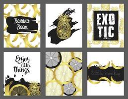 ensemble de cartes dessinées à la main. collection vectorielle de cartes mignonnes noires, blanches et dorées. belles affiches avec ananas, banane et citron. vecteur