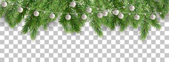 joyeux noël et bonne année bordure de branches d'arbres et de perles de guirlande sur fond transparent. illustration vectorielle. vecteur