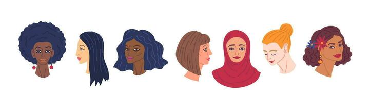 dessin animé Couleur personnage divers femmes têtes ensemble concept. vecteur