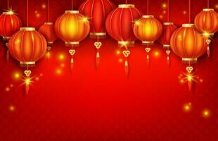 réaliste détaillé 3d chinois lanternes sur une rouge Contexte. vecteur