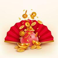 réaliste détaillé 3d rouge chanceux sac plein de or pièces de monnaie et main ventilateur. vecteur