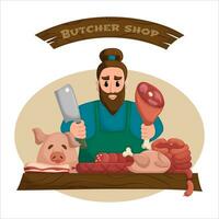 le Boucher vend le sien Naturel des produits à le local marché. Frais Viande. le concept de rue commerce de biologique des produits. plat vecteur illustration.