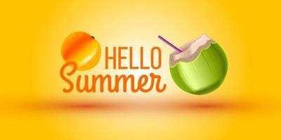 bonjour bannière d'été, noix de coco verte, paille, orange. fond jaune de fruits de vecteur exotique, flyer de vente