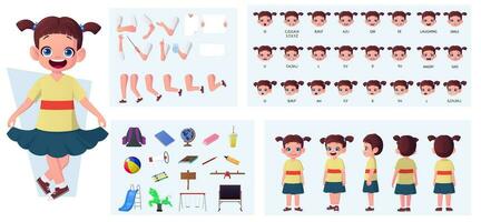 peu fille personnage création pack avec faire demi-tour voir. synchronisation labiale, émotions, main gestes, pose et divers école et terrain de jeux articles vecteur illustration