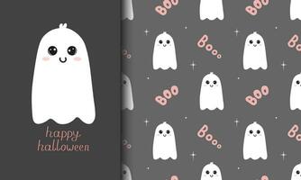 Halloween sans couture modèle et dessin animé carte pour enfant avec mignonne fantôme sur gris Contexte. bébé Contexte pour T-shirt imprimer, emballage, emballage papier, etc. content Halloween vecteur