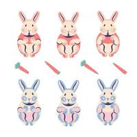 ensemble de lapins plats mignons pour l'animation dans les tons rouges et bleus. lapins pastels vecteur