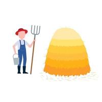 agriculteur avec hayfork et seau près de tas de foin plat style desing vector illustration isolé sur fond blanc. symbole de la récolte du blé d'automne