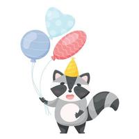 personnage de dessin animé mignon de raton laveur avec des ballons à air. carte d'anniversaire. illustration vectorielle vecteur
