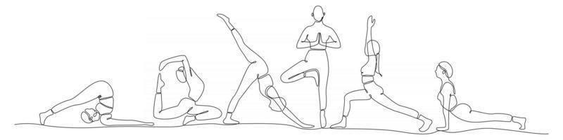 ensemble de dessin au trait continu de femmes exerçant une illustration vectorielle de yoga vecteur