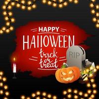 joyeux halloween, trick or treat, carte postale carrée noire avec lettrage créatif, trou dans le papier, pierre tombale et jack citrouille. vecteur