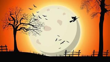 fond d'halloween, paysage de nuit avec grande pleine lune jaune, vieux arbres et sorcières dans le ciel vecteur
