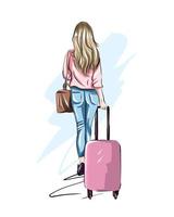 belle jeune femme avec valise. fille élégante voyage, dessin coloré, réaliste. illustration vectorielle de peintures vecteur