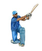 batteur abstrait jouant au cricket à partir d'éclaboussures d'aquarelles, dessin coloré, réaliste. illustration vectorielle de peintures vecteur