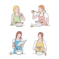 les femmes en tablier cuisinent. illustrations de conception de vecteur de style dessinés à la main.