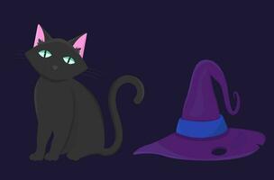 noir chat avec une sorcière chapeau. content Halloween. vecteur illustration