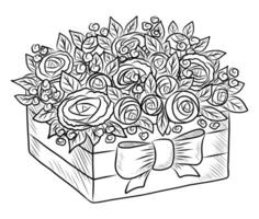 noir vecteur isolé sur une blanc Contexte griffonnage illustration de une bouquet de des roses et renoncule dans une cadeau boîte