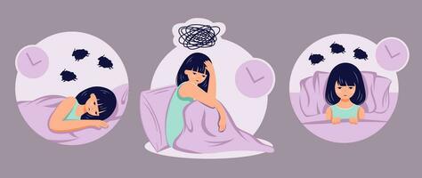 sommeil désordre concevoir femelle la personne souffrir de insomnie plat ilustration vecteur