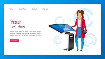modèle vectoriel de page de destination de kiosque de promotion de produit. interface de site Web de tableau interactif. disposition de la page d'accueil de l'équipement électronique de vente au détail. bannière web de construction autonome commerciale