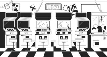 arcade Machines noir et blanc refroidissement lo Fi Contexte. ancien jeu dispositifs. divertissement contour 2d vecteur dessin animé intérieur illustration, monochromatique lofi fond d'écran bureau. bw Années 90 rétro art