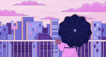 observation plate-forme lo Fi esthétique fond d'écran. fille sur terrasse avec parapluie à la recherche sur ville. le coucher du soleil 2d vecteur dessin animé paysage urbain illustration, violet lofi Contexte. Années 90 rétro album art, refroidissement ambiance