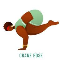 grue pose illustration vectorielle plane. posture bakasana. femme afro-américaine effectuant une posture de yoga. entraînement, remise en forme. exercice physique. personnage de dessin animé isolé sur fond blanc vecteur