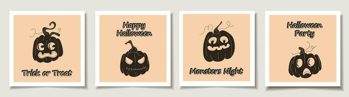 ensemble de Halloween cartes avec ensemble de quatre Halloween citrouilles, marrant visages. salutation cartes avec la magie articles. vecteur