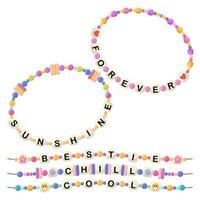 collection de vecteur bijoux et enfants ornements. bracelet fabriqué de Fait main Plastique perles. ensemble de brillant coloré tressé bracelets avec mots de des lettres pour toujours, soleil, meilleure amie, froideur, cool.