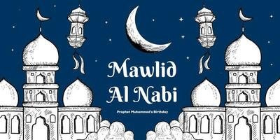 main tiré mawlid Al nabi horizontal bannière illustration avec lune, des nuages, étoiles, et mosquée vecteur