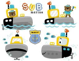 vecteur dessin animé ensemble de sous-marin avec mignonne ours dans marin uniforme