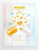 vitamine ré Orange dans capsule. essentiel vitamines complexe et minéraux dans moléculaire former. diététique supplément pour pharmacie publicité. affiche bannière conception pour cliniques. médical concept. vecteur eps10.