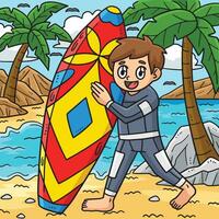 été garçon en portant le surf planche coloré dessin animé vecteur