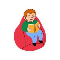 Vector illustration colorée d'un petit garçon assis sur une chaise de sac et lit un livre isolé sur fond blanc