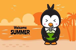pingouin mignon boire de la noix de coco avec une illustration d'icône de vecteur de dessin animé de bannière de voeux d'été