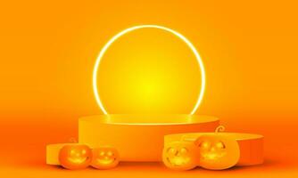 brillant stade néon lumières Orange Halloween podium arrière-plan, violet podium Trois étape avec citrouille marrant visage pour produit afficher, vecteur illustration