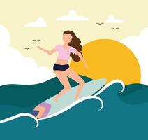 fille planche de surf mer vecteur