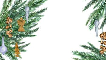 planche de épicéa branche avec Noël décorations numérique aquarelle style illustration isolé sur blanche. en bois ange, cloches main dessiné. élément pour 2024 Nouveau année conception, vacances imprimer, salutation vecteur