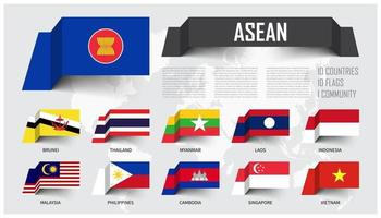 asean. Association des Nations de l'Asie du Sud-Est . et l'adhésion. conception de drapeaux en papier flottant. fond de carte du monde. vecteur. vecteur