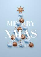salutation carte avec Noël arbre plat allonger composition sur sierra bleu toile de fond. vecteur