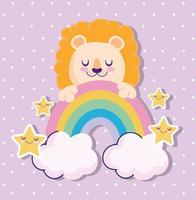 baby shower adorable lion arc-en-ciel et dessin animé étoiles vecteur