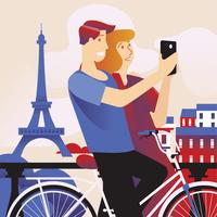 Couple heureux selfie par téléphone intelligent à Paris avec la tour Eiffel vecteur