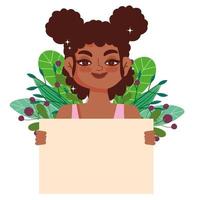 cheveux bouclés fille noire, dessin animé femme afro avec bannière vecteur