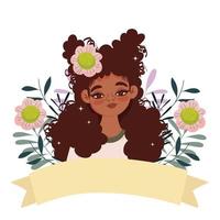 jolie femme afro avec fleur dans les cheveux bouclés et ruban vecteur