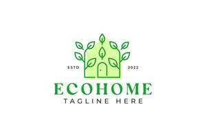 éco Accueil chalet village logo avec vert feuille et porte forme pour affaires environnement propriété en bonne santé la vie style concept. vecteur