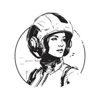 fille dans futuriste armure avec casque, ancien logo ligne art concept noir et blanc couleur, main tiré illustration vecteur