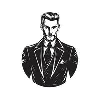 sorcier homme d'affaire, ancien logo ligne art concept noir et blanc couleur, main tiré illustration vecteur