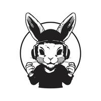 lapin portant chapeau et écouteurs, ancien logo ligne art concept noir et blanc couleur, main tiré illustration vecteur