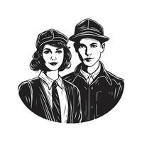 couple, ancien logo ligne art concept noir et blanc couleur, main tiré illustration vecteur